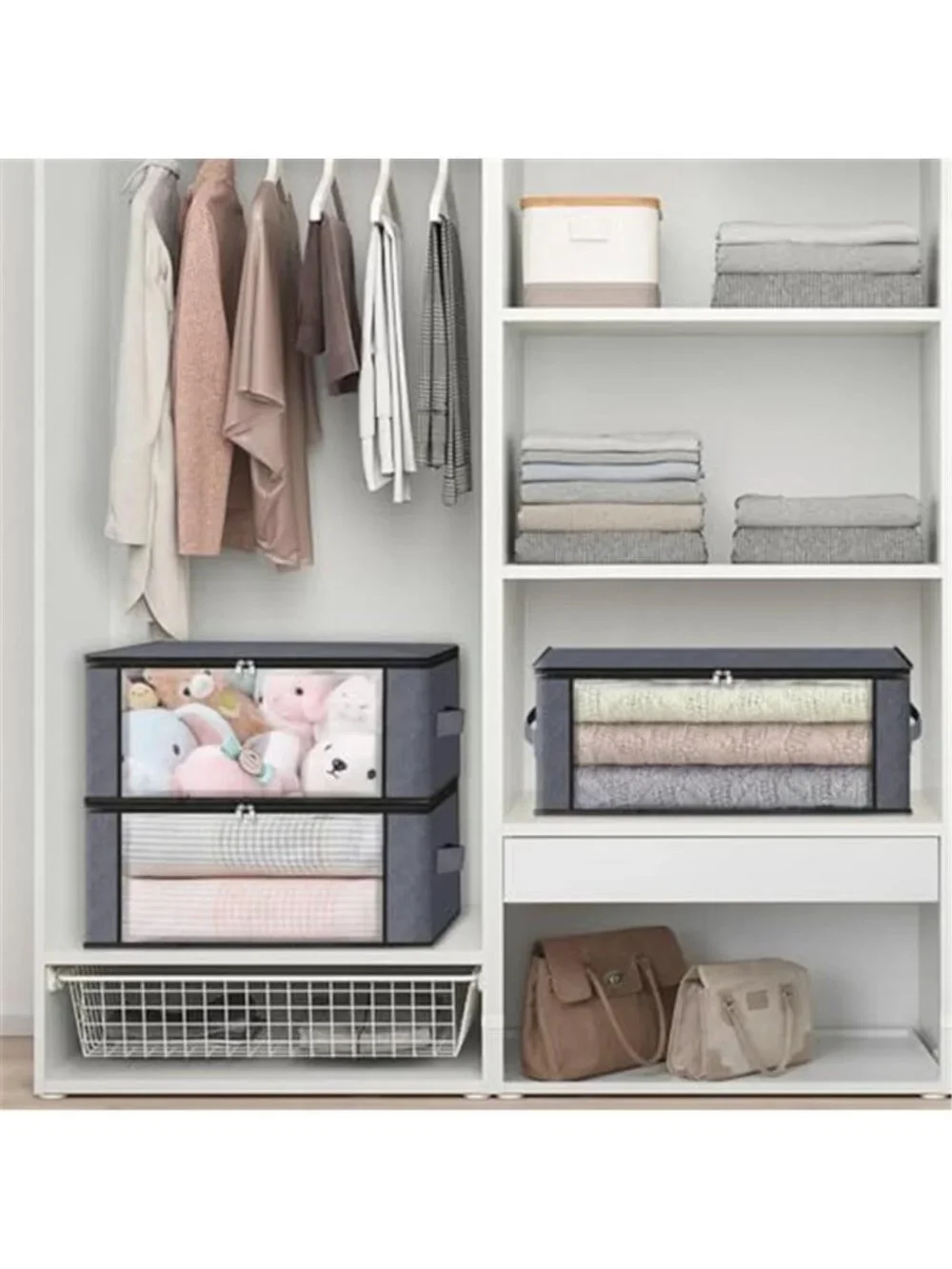 3-Pack Clothes Organizer Storage Bags 35L Storage Bins Gray